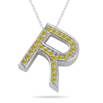 0.29 Cts Yellow Diamond R Initial Pendant in 14K White Gold