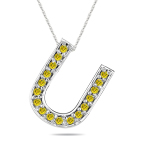 1/4 Cts Yellow Diamond U Initial Pendant in 14K White Gold