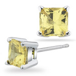 1.40 Cts of 5 mm AA Princess Yellow Sapphire Stud Earrings in 14K White Gold