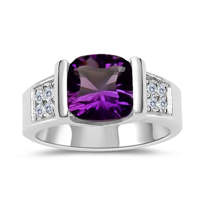 0.16 Cts Diamond & 1.58 Cts Amethyst Ring in 14K White Gold