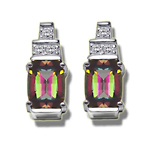 0.09 Ct Diamond-7x5 mm Barrel-Cut Mystic Fire Topaz Earrings-14KW Gold