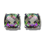 4.24 Ct 8 mm Cush Check Mystic Topaz Scroll Stud Earrings in 14KW Gold