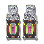 Diamond & 7x5 mm Barrel-Cut Barrel Mystic Topaz Filigree Earrings-14KW