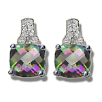 Diamond & 4.24 Ct AA Cush Check Mystic Fire Topaz Earrings-14KW Gold